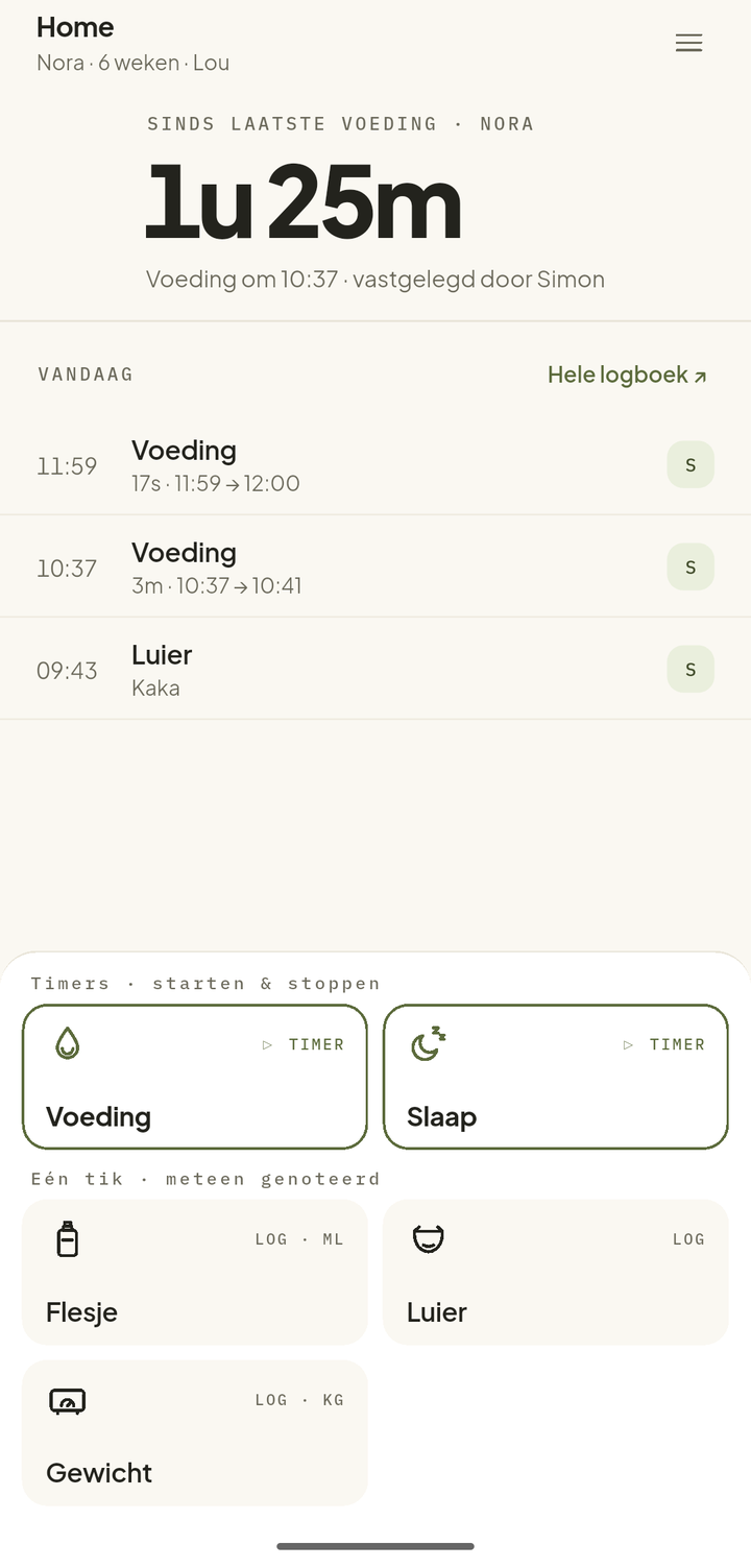 The home screen, showing the time since the last feed, today's entries, and the dock of tiles.